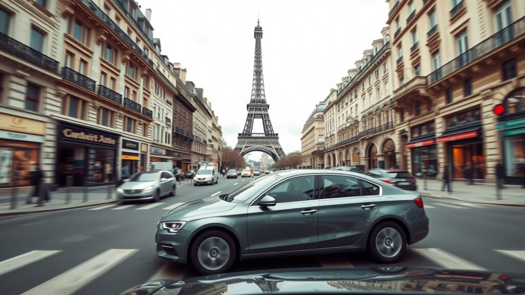 un coche circulando por el centro de parís
